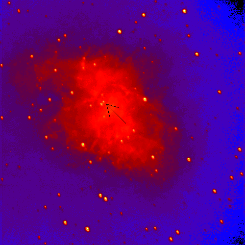Here is the image of the Crab Nebula displayed with the Gamma II color table to show clearly the Crab Pulsar.  The pulsar is the small star at the tip of the arrow.